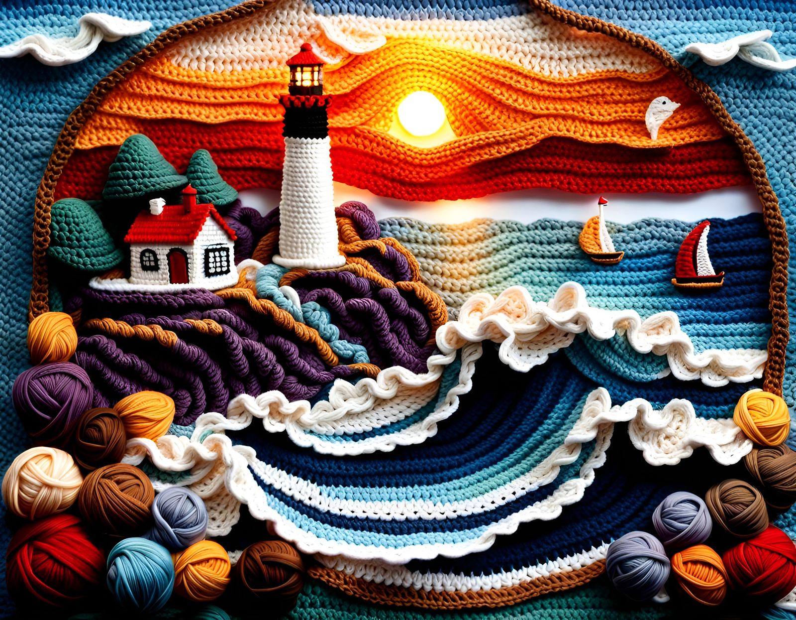 Detailed 3D Crochet Seaside Sunset Scene