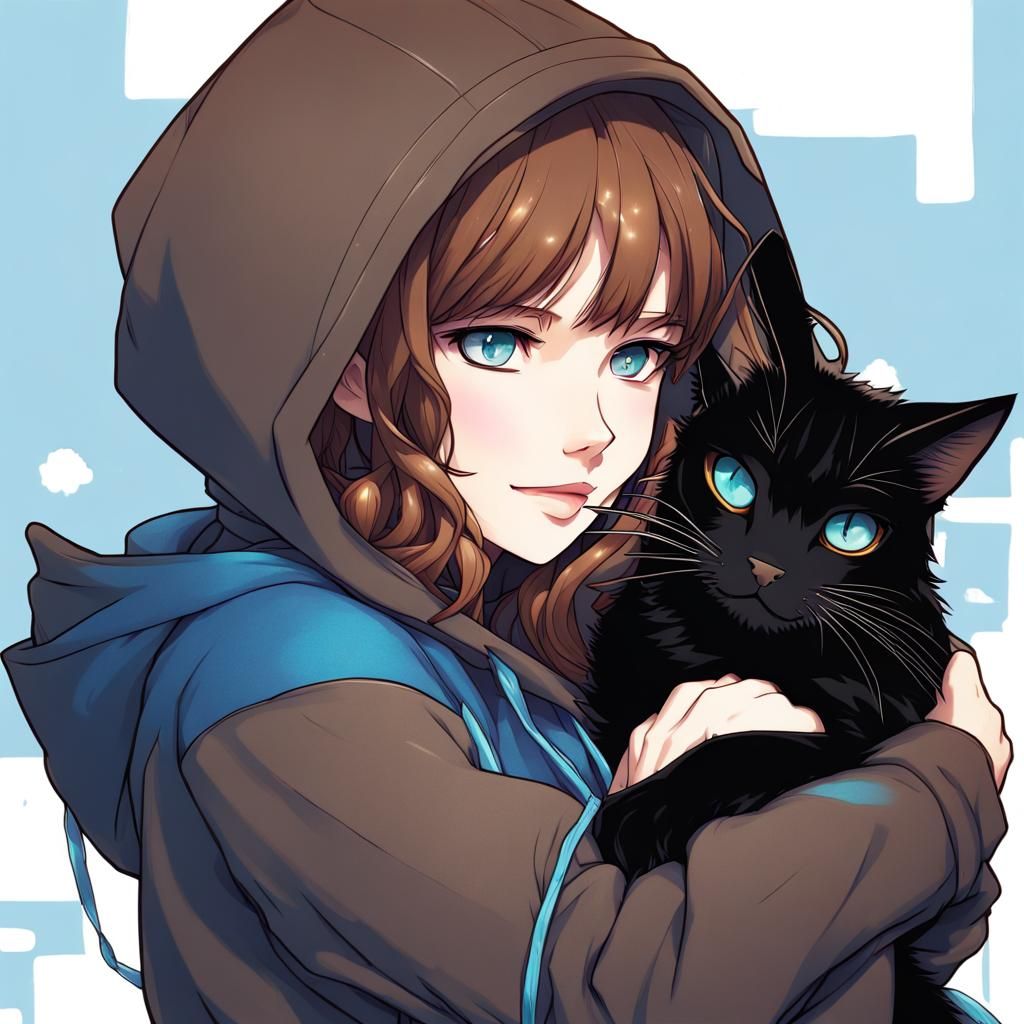 Anime Girl Hugging Black Cat Portrait