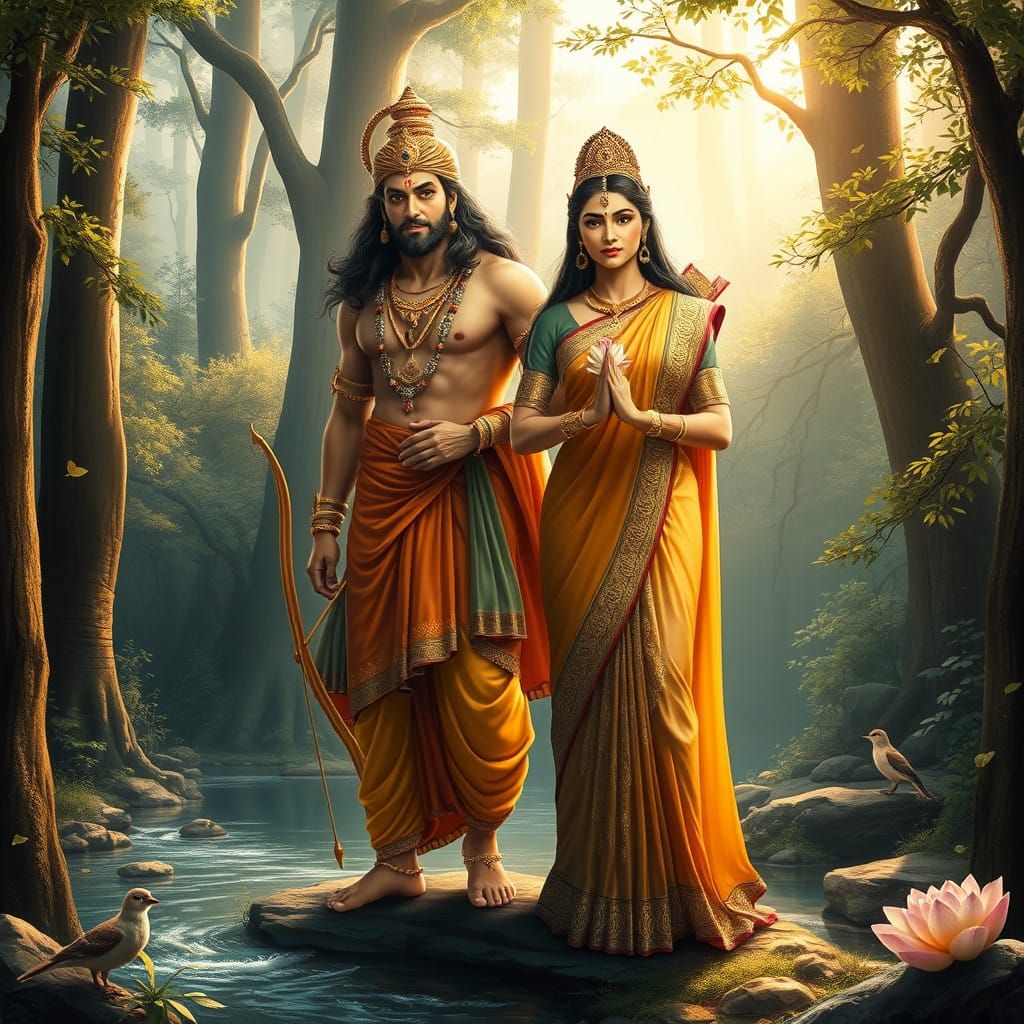 Divine Harmony: Lord Ram and Sita Mata in Serene Forest