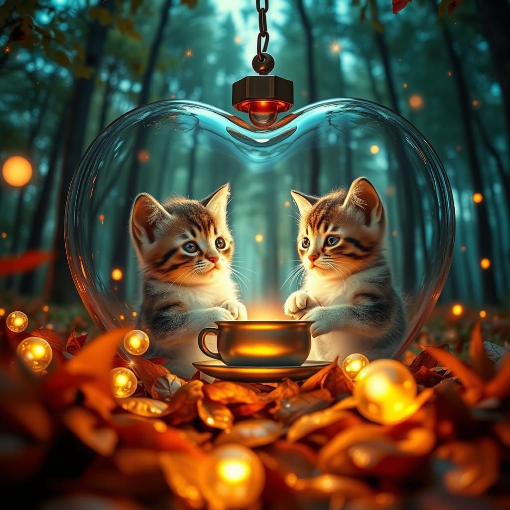 Kittens' Breakfast Inside Glass Heart: Oil Painting