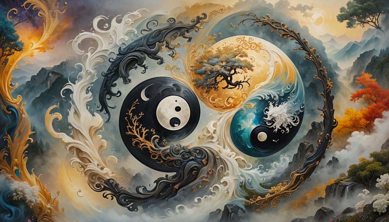 Yin Yang: Mother Nature and Father Time Oil Painting