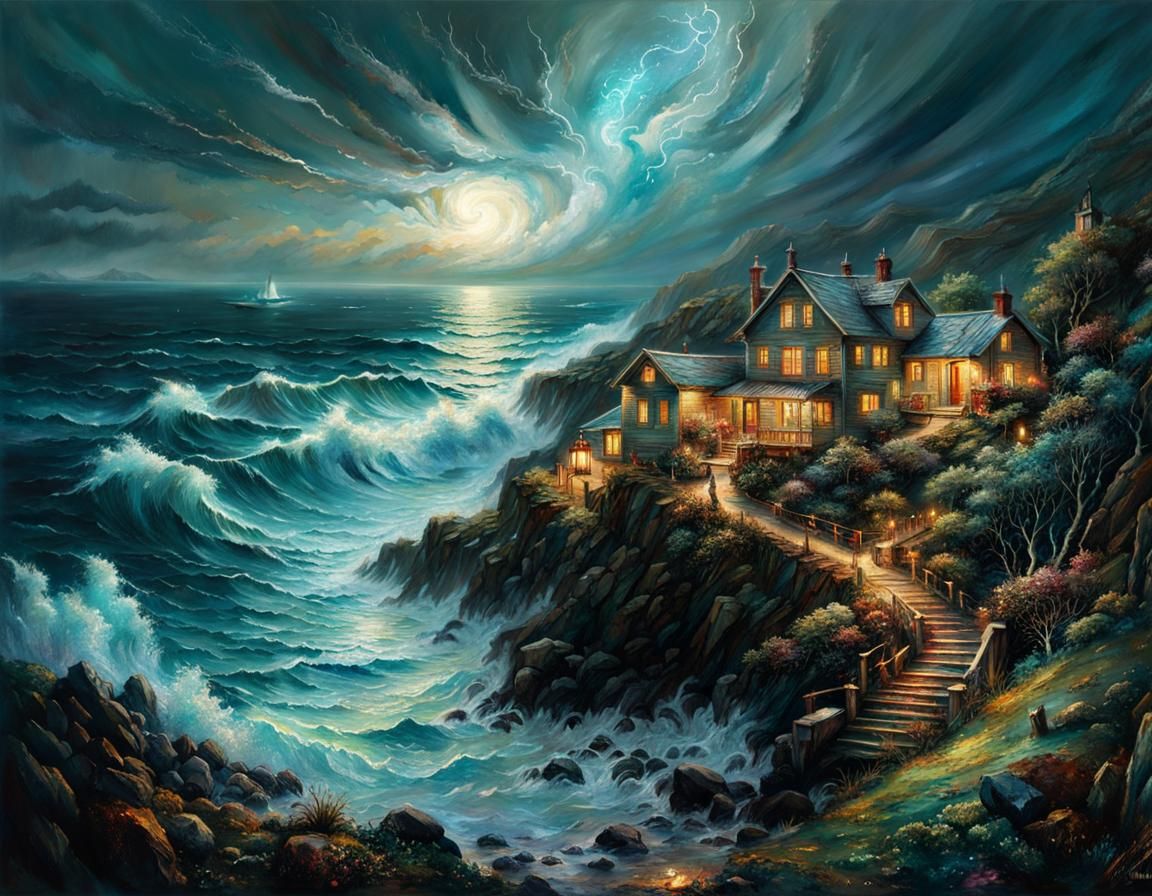 Stormy Sea Landscape with Christmas Cloud Tree