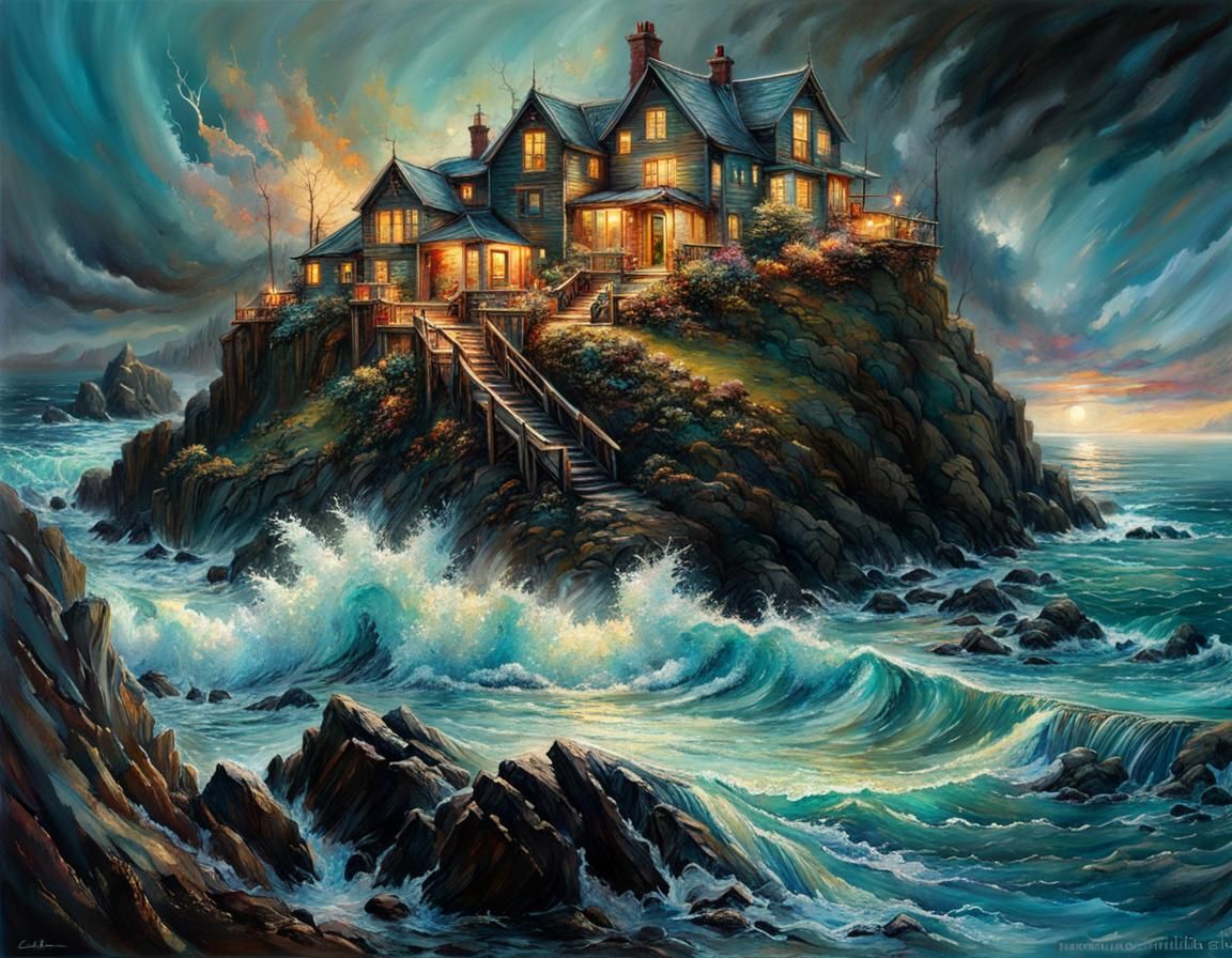 Stormy Sea Landscape with Christmas Tree Clouds