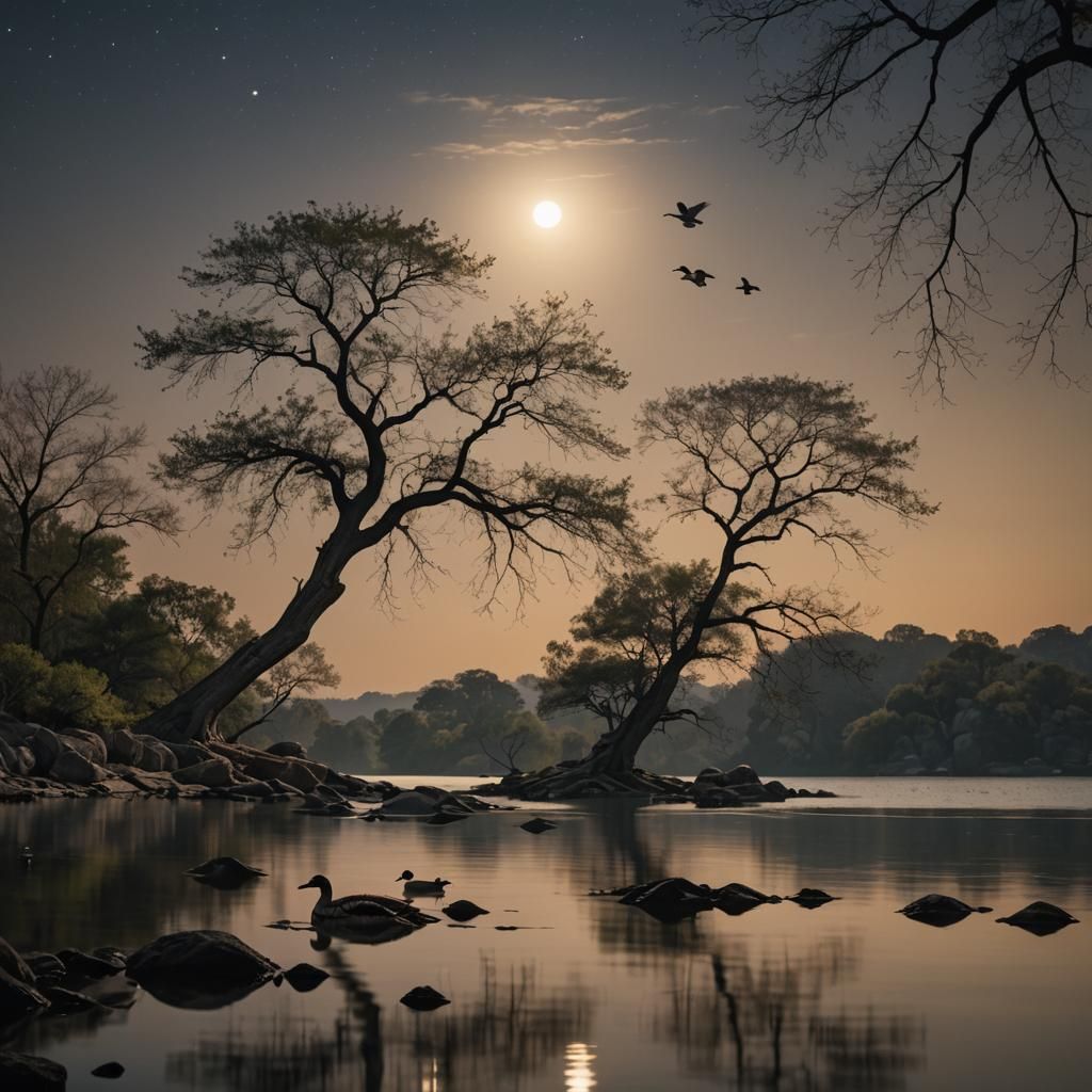 Moonlit Tree on Rocky Outcrop Landscape