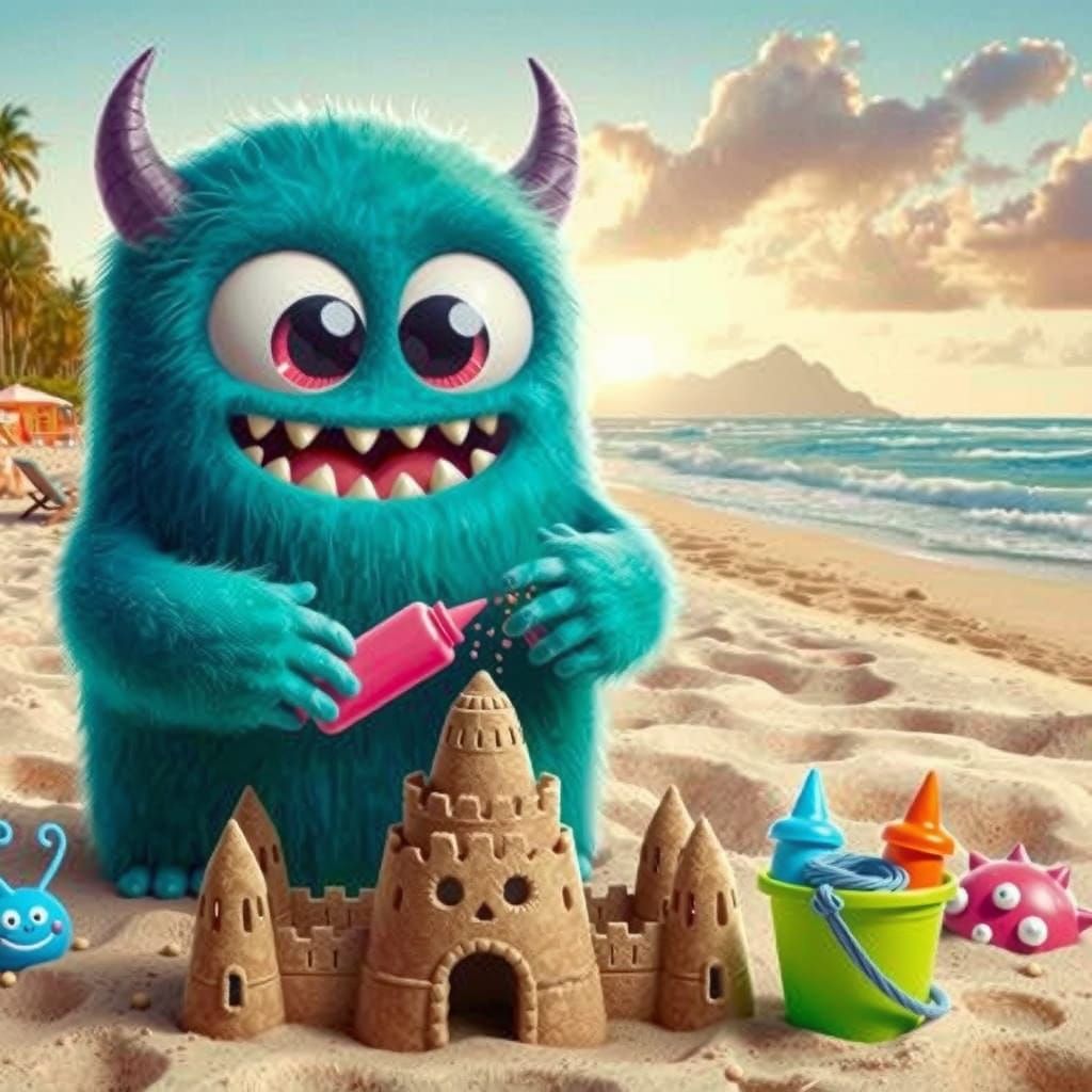 Whimsical Monster Sandcastle Builder in Vibrant Beach Scene