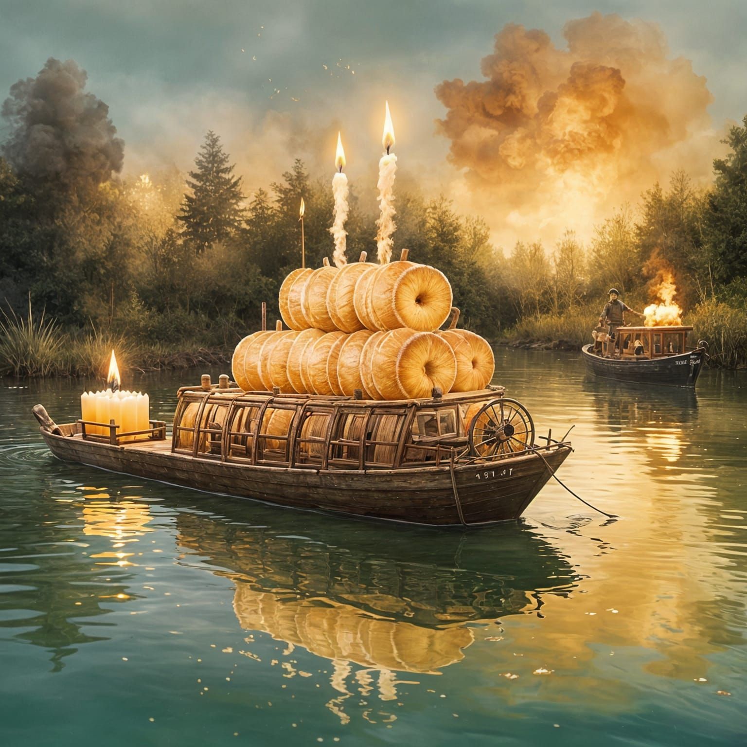 Brioche Tank with Candles Navigates Duck Pond in a Boat