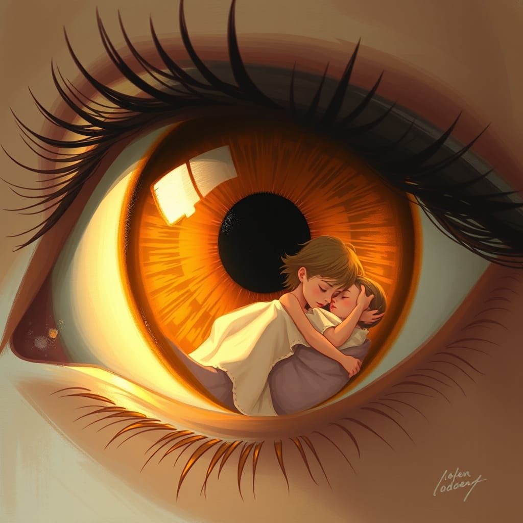 Warm Brown Eye Containing a Serene Mother and Child Scene