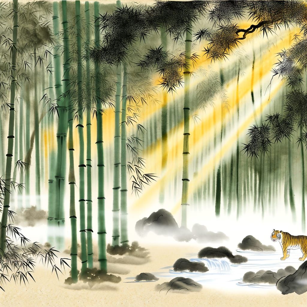 A serene bamboo forest at dawn, with shafts of golden sunlig...
