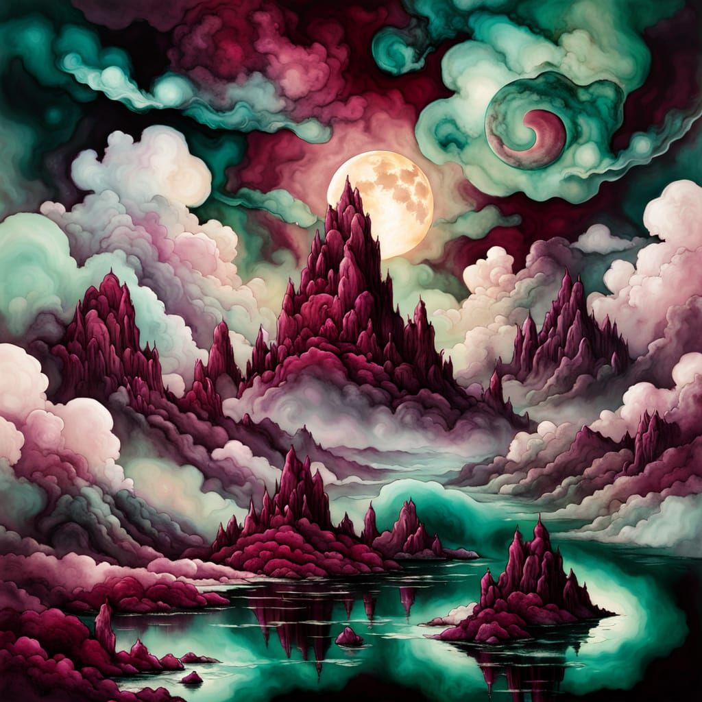 Surreal Dreamscapes in Vibrant Jade and Burgundy