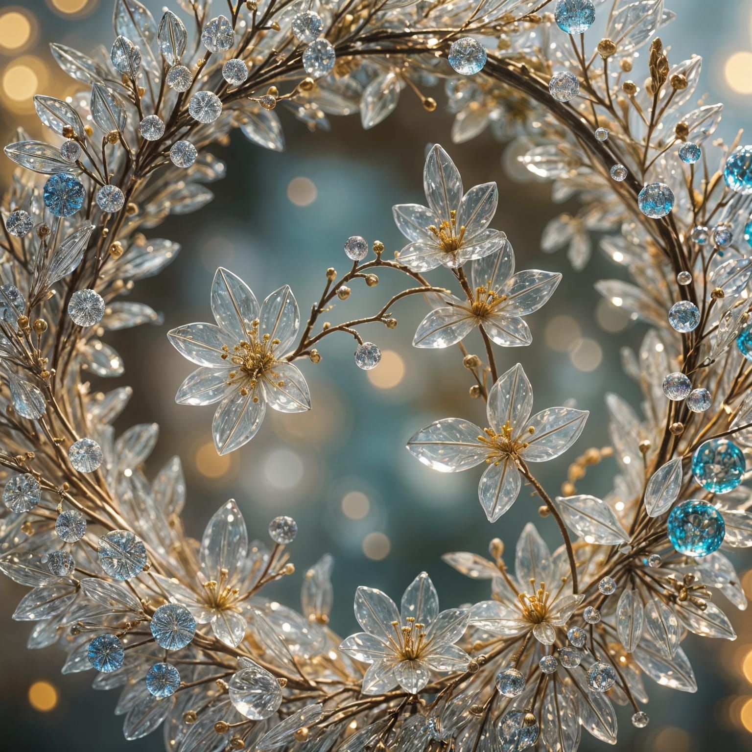 Crystalline Glass-Blown Flower Wreath Art