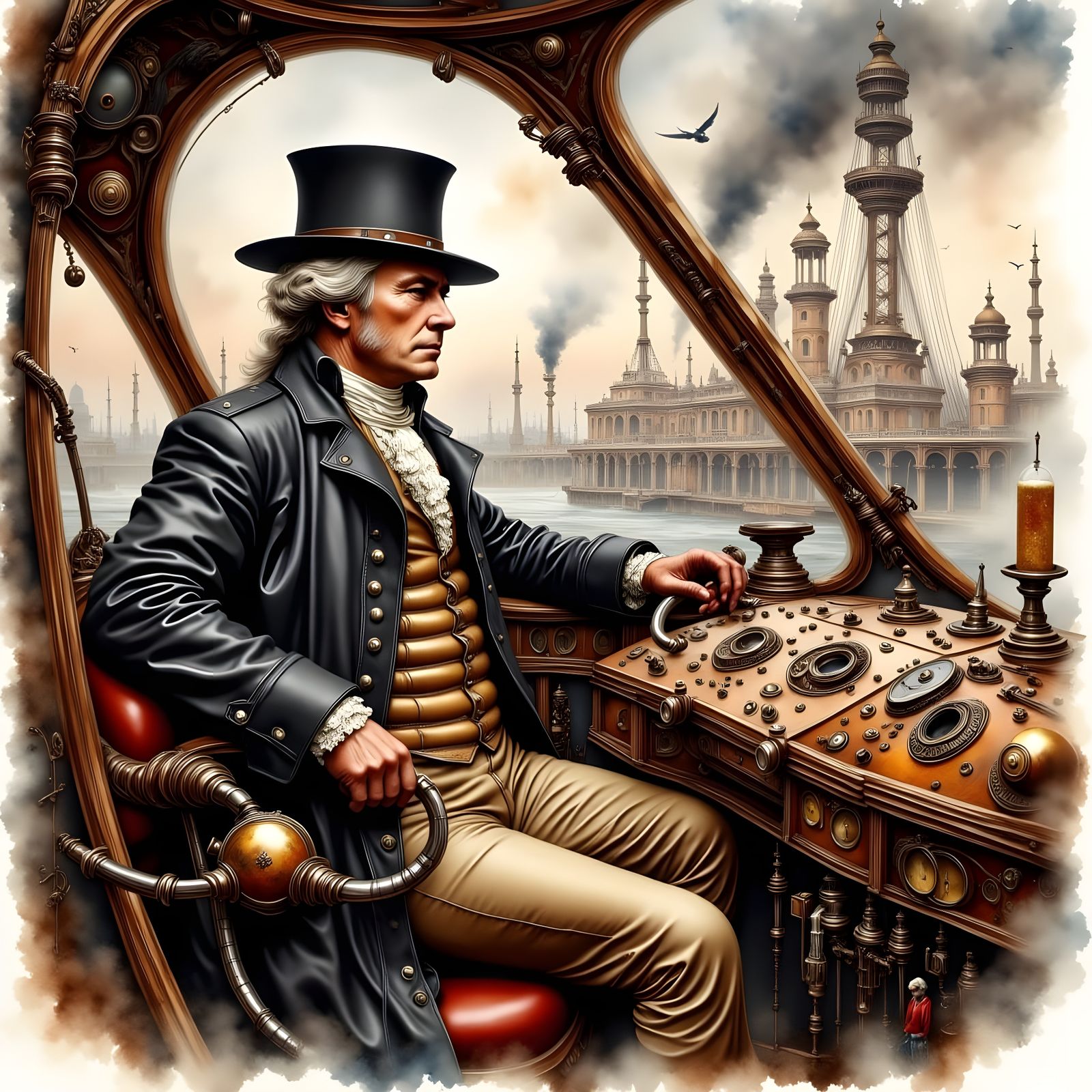 Steampunk George Washington in Antique Watercolor Style