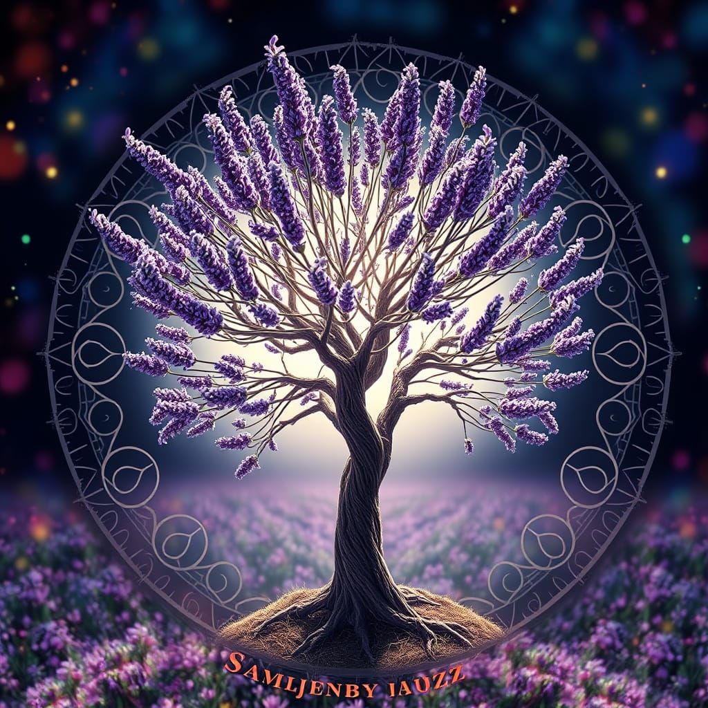 Hyperrealistic Mandala with Lavender and Plum Tree