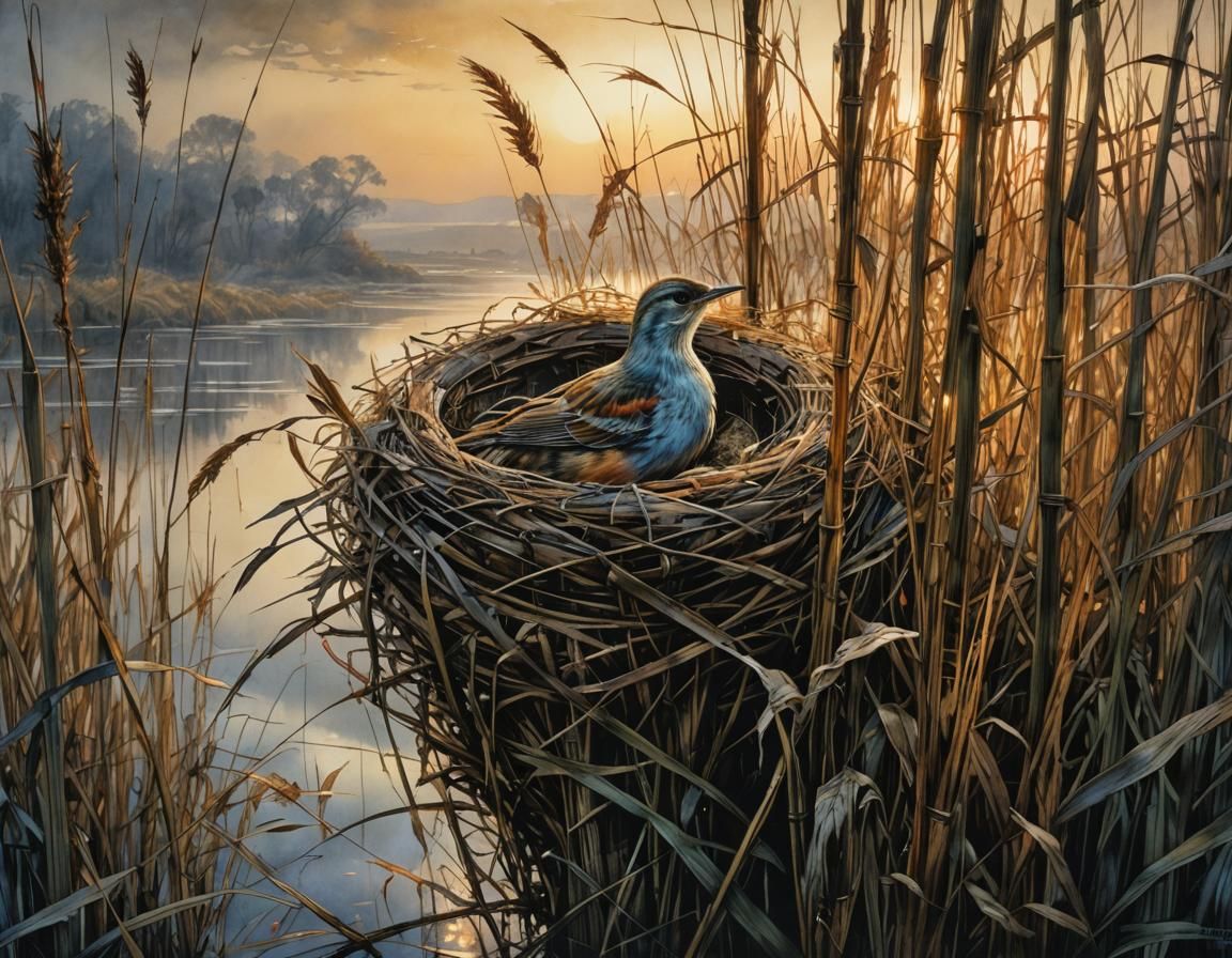 Bird on Nest in Evening Light