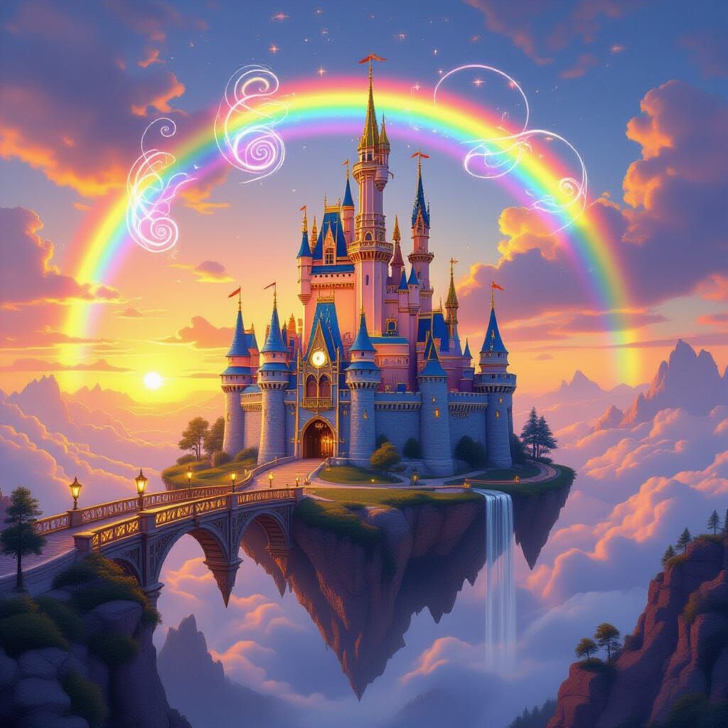 Majestic Rainbow Castle on Floating Island at Sunset