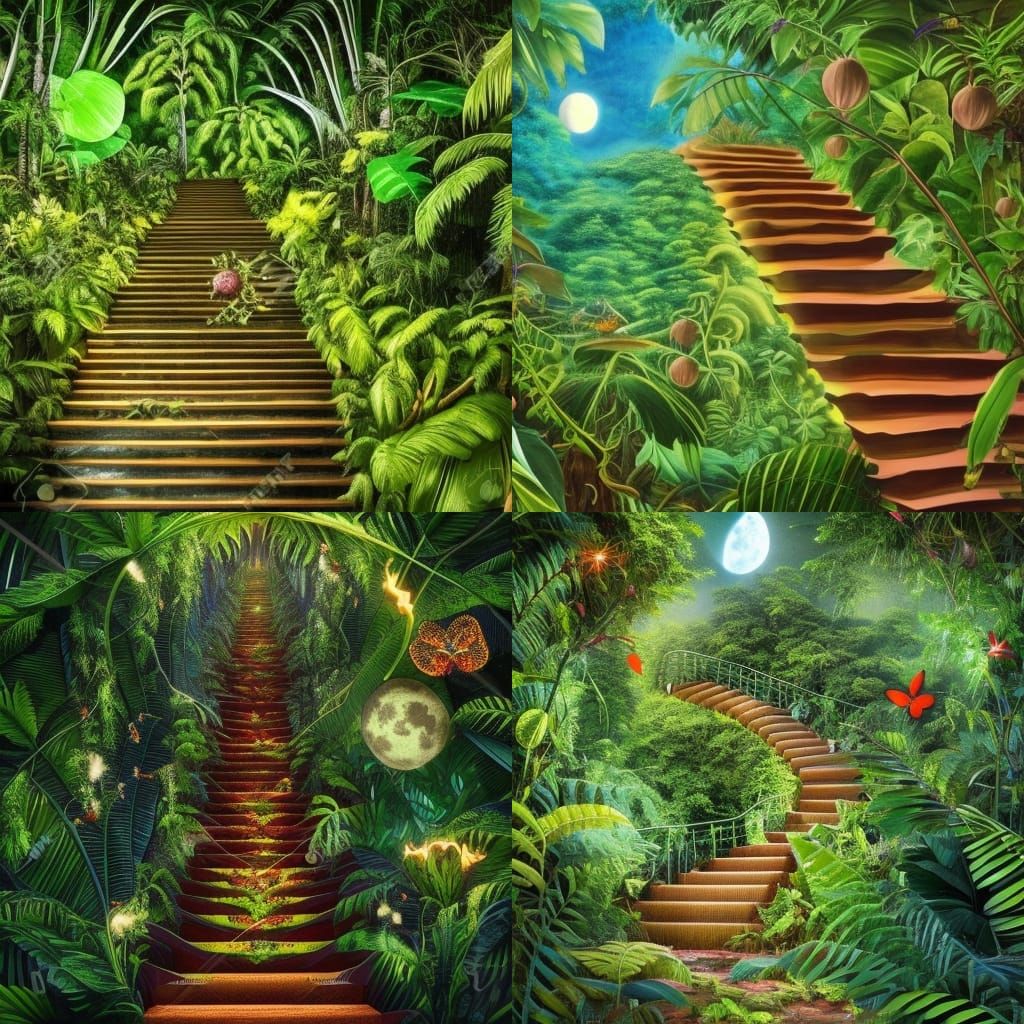 Jungle Stairs Under Moonlight: Hyperrealistic Digital Painti...