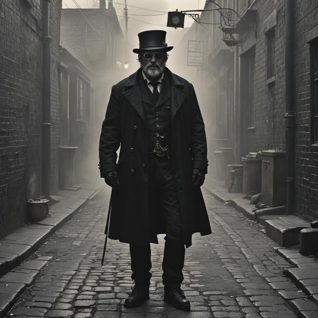 Steampunk Man in Foggy Alleyway: Film Noir Style
