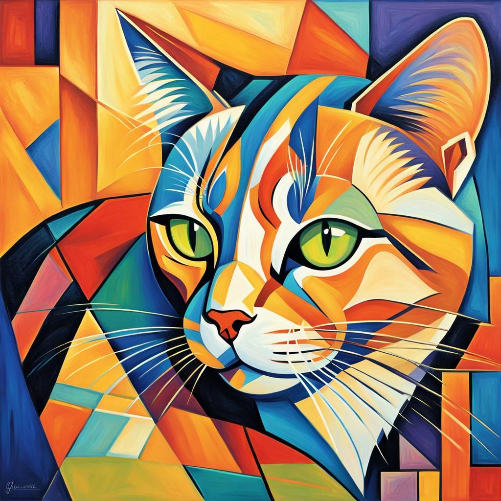 Cat Watching Mouse in Geometric Cubist Style