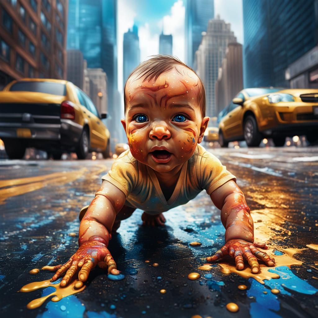 Giant Baby Crawling Through City: Hyperrealistic Art