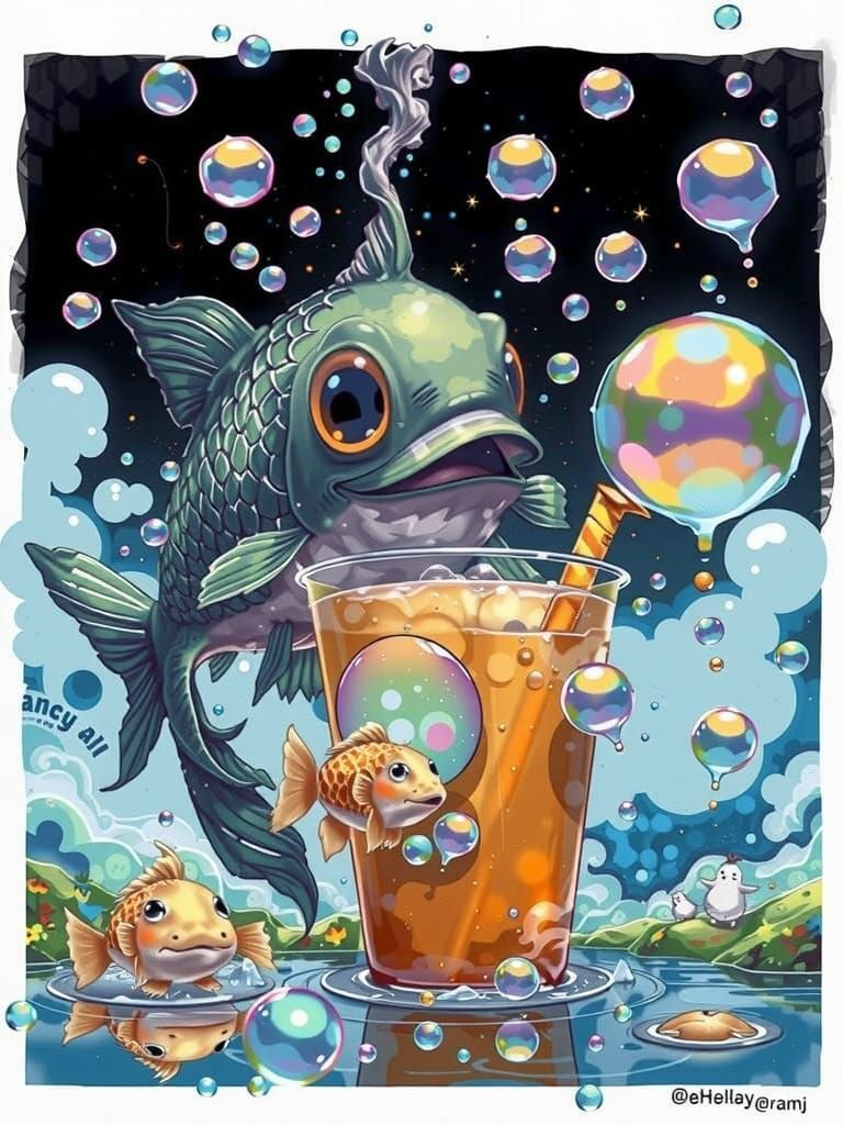 A surreal cartoon fish, wearing a bright orange hat and purple scarf, sips on a bubble tea under a glowing, warm light, ...