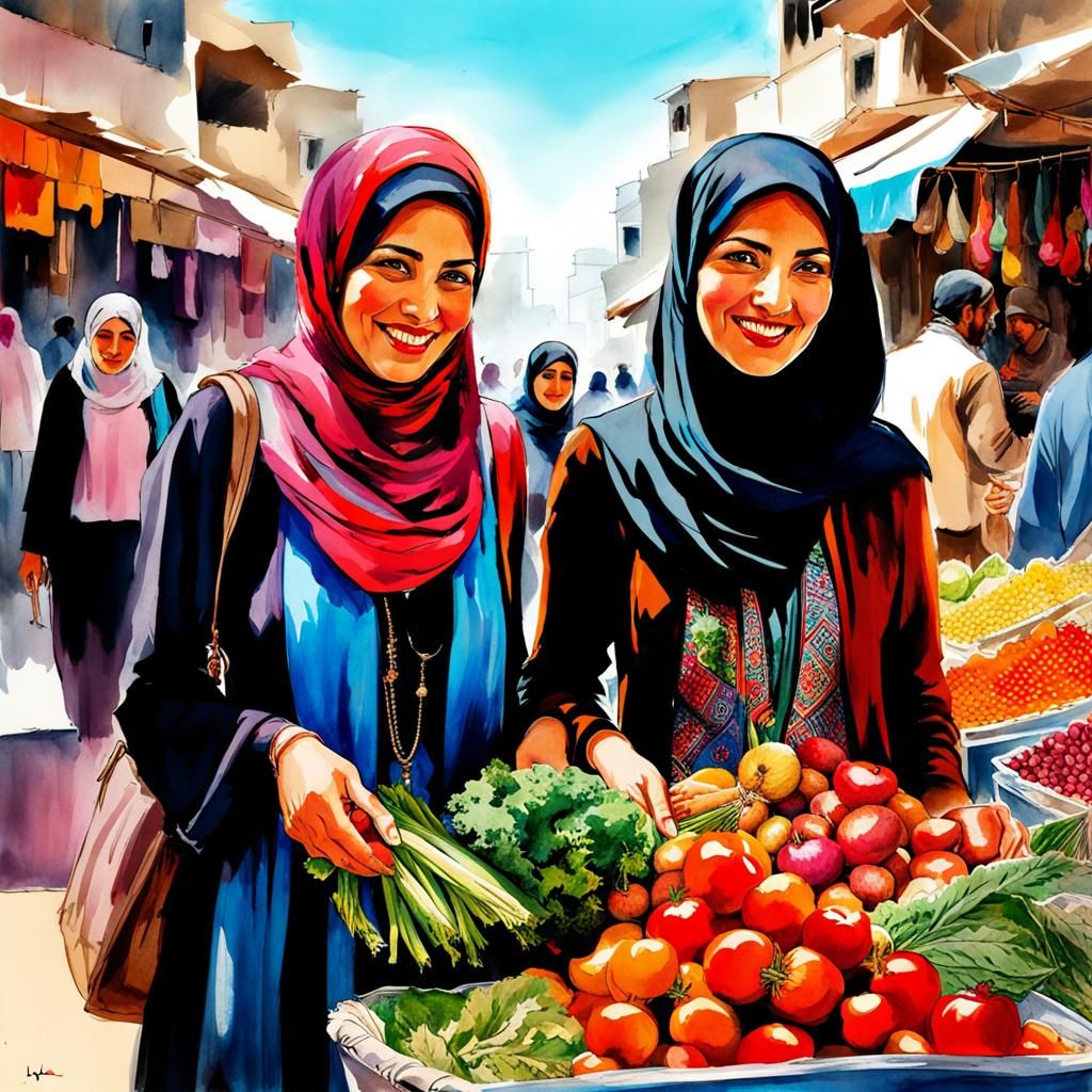 Palestinian Women at Market in Gaza: Watercolor Illustration