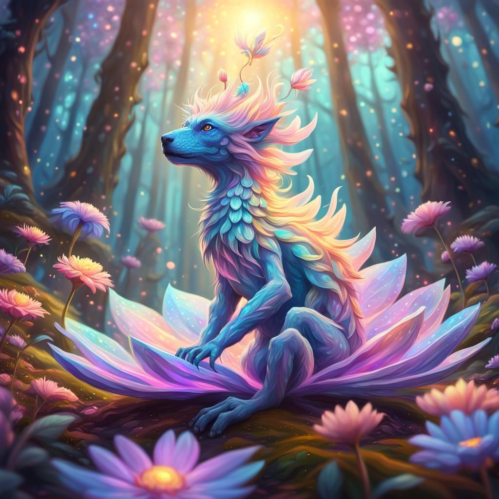 Pastel Creature on Cosmic Flower in Fantasy Forest