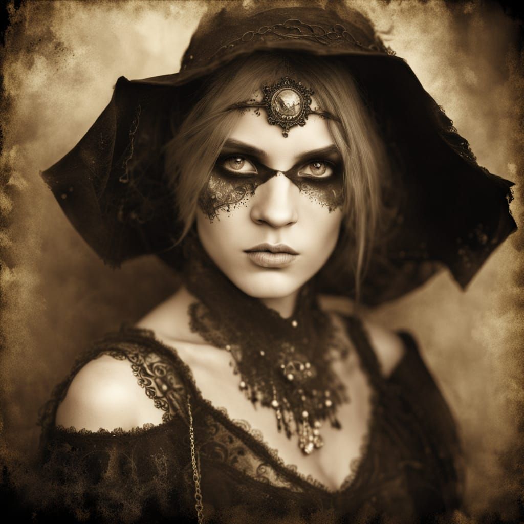 Mysterious Gothic Portrait in Sepia Grunge