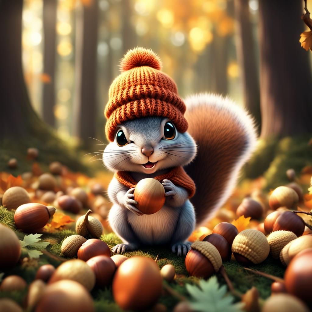 Cute Squirrel in Autumn Forest, Digital Art
