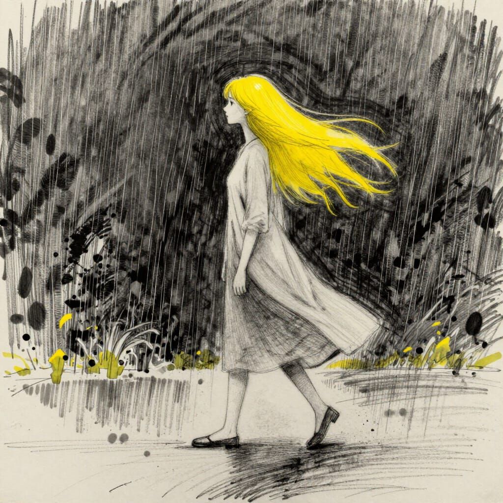 Minimalist Charcoal Sketch of Woman in Rain with Color Splas...