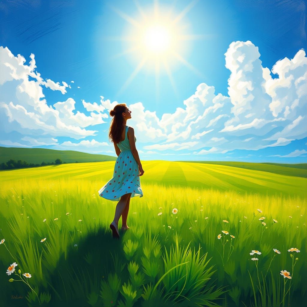 Whimsical Landscape with Fluffy Clouds and Warm Sunshine