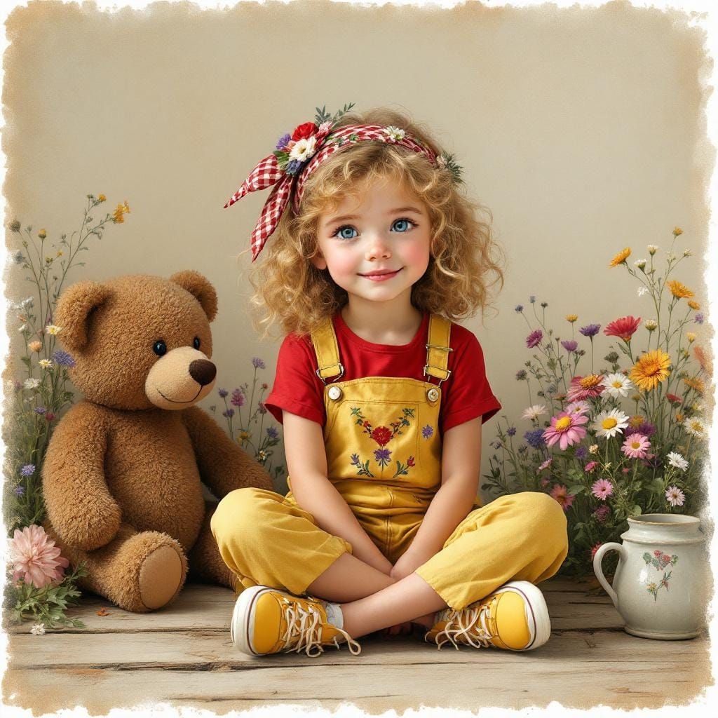 Girl with Teddy Bear in Whimsical Illustration