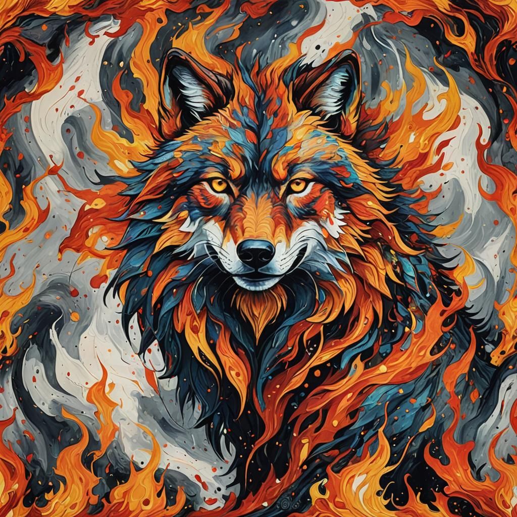 Abstract Fire Wolf in Complementary Colors