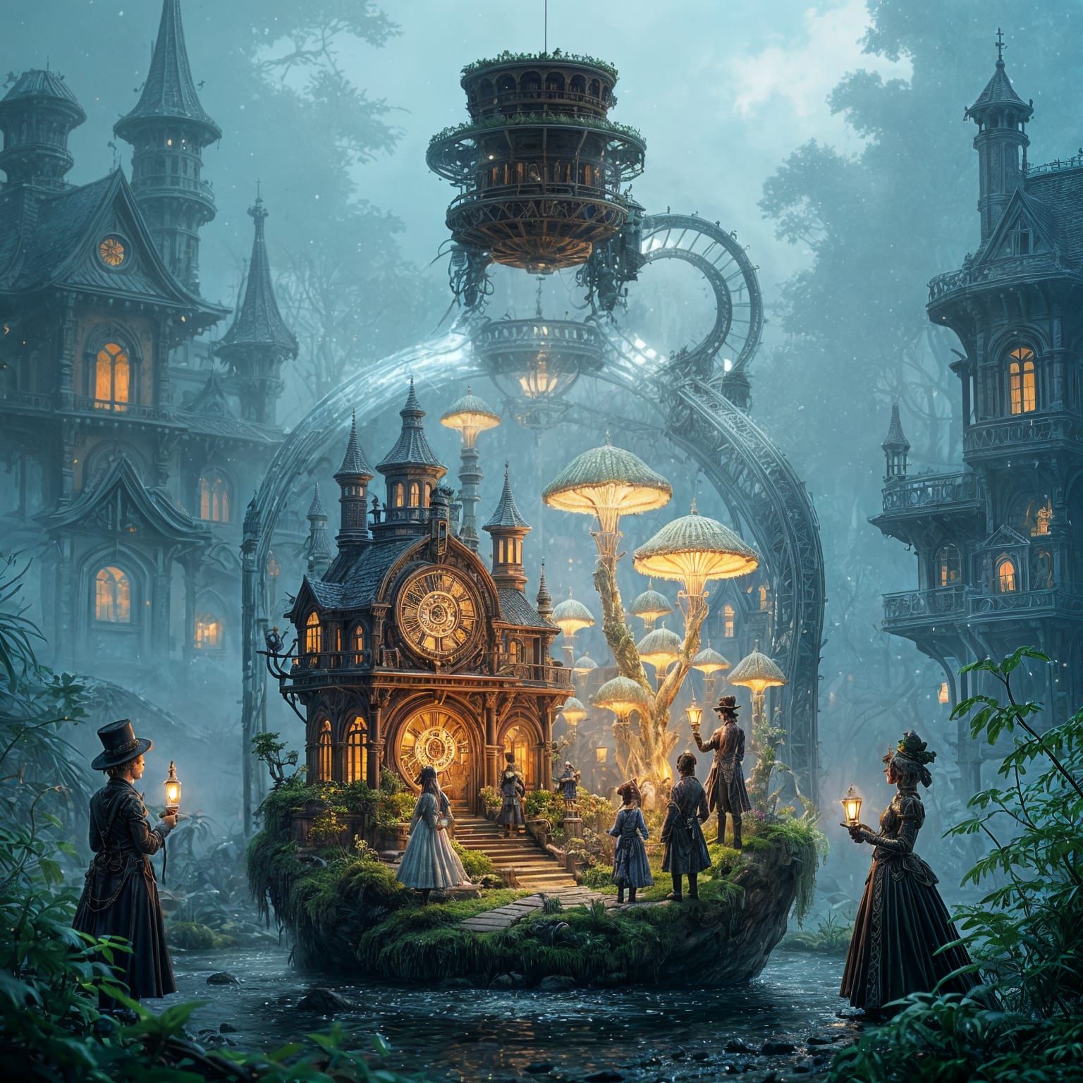 Steampunk City in Glass Bottle with Tree Golem