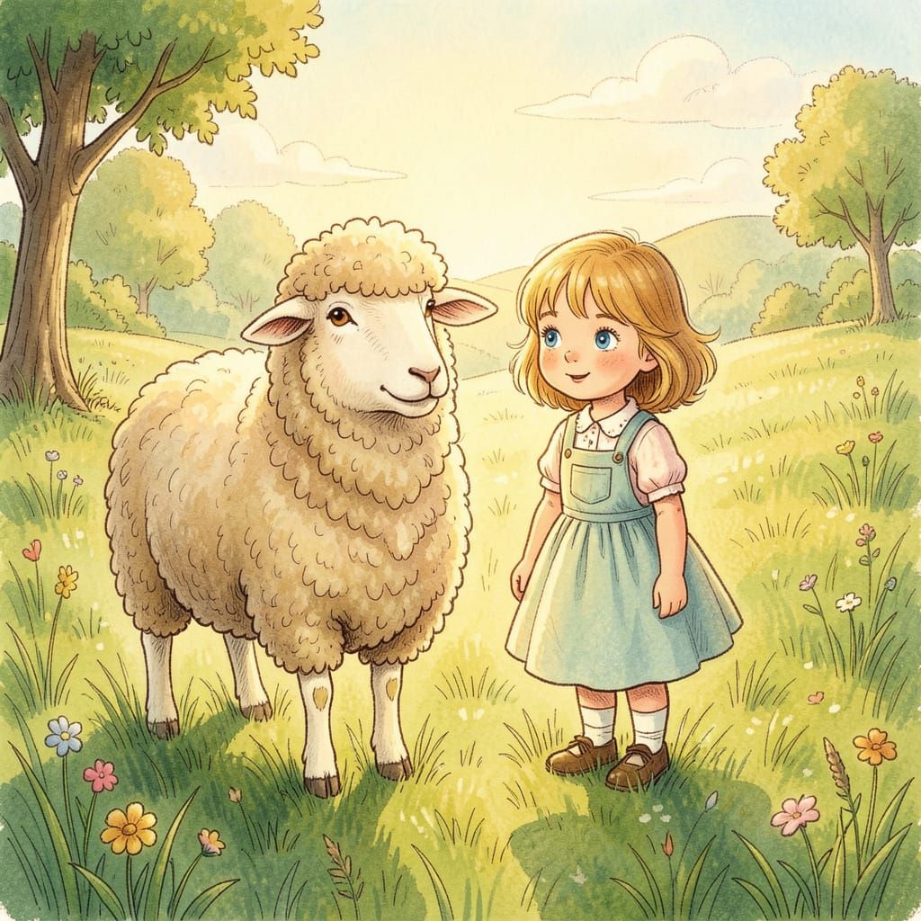 Girl and Sheep in Sunny Pasture Storybook Illustration