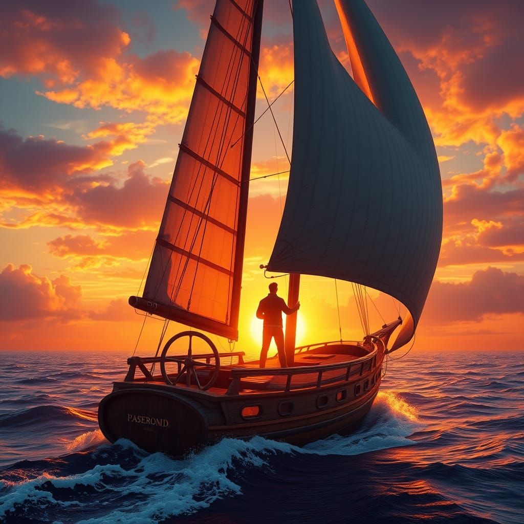 Majestic Sailboat Sails into Sunset Splendor