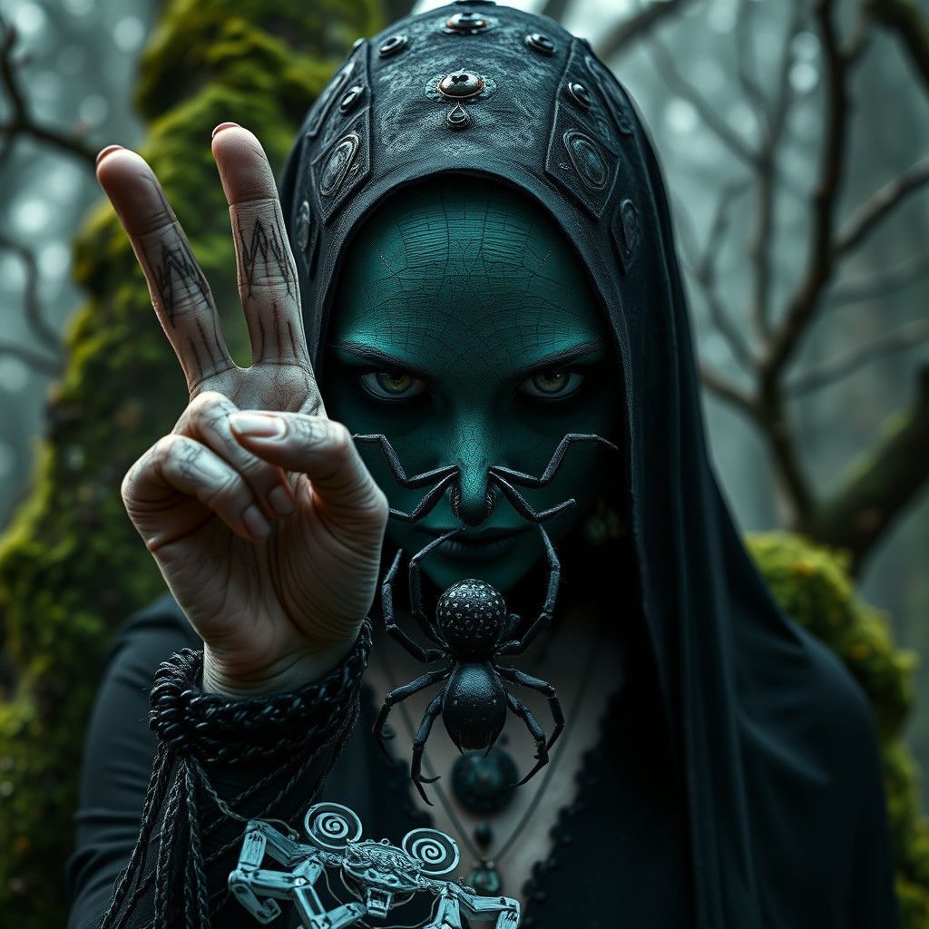 album art Banner "Yesterday's Regrets", A portrayal of Lady Dimitrescu in a gothic postpunk style, displaying a Peace Ha...