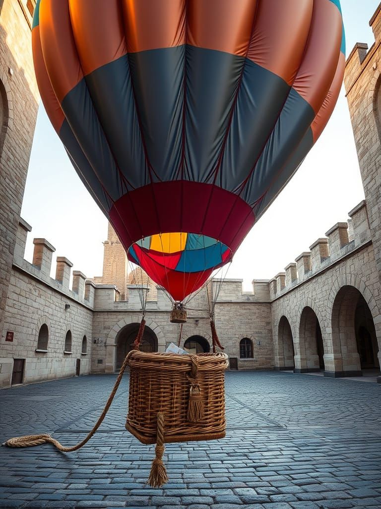 Majestic Hot Air Balloon in Medieval Castle Courtyard