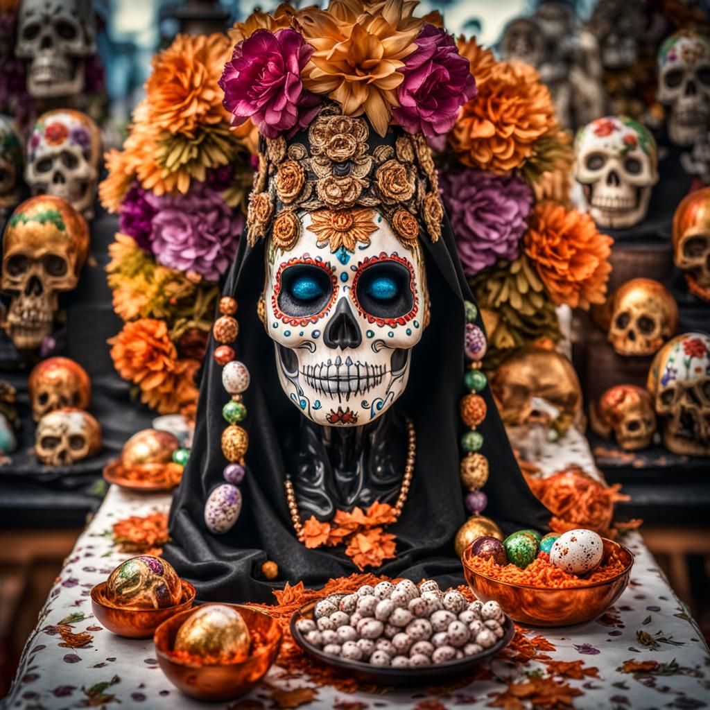 " Santa Muerte Déesse mexicaine de la mort avec maquillage et couronne en crâne de sucre cherchant du chocolat en forme ...