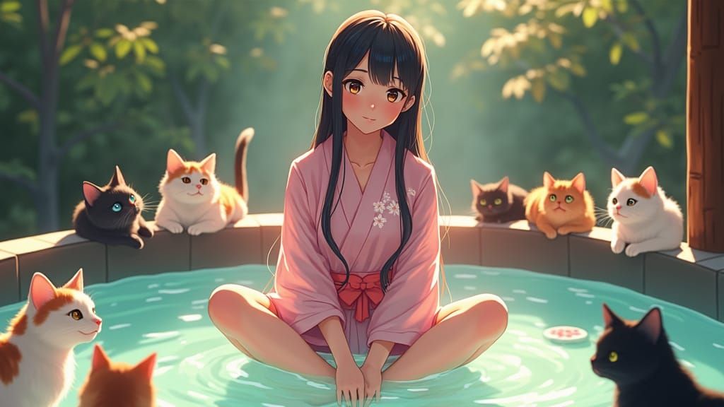 Anime Woman in Hot Spring with Cats