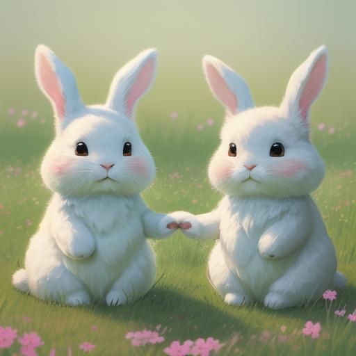Whimsical Bunnies Holding Hands in Lush Meadow