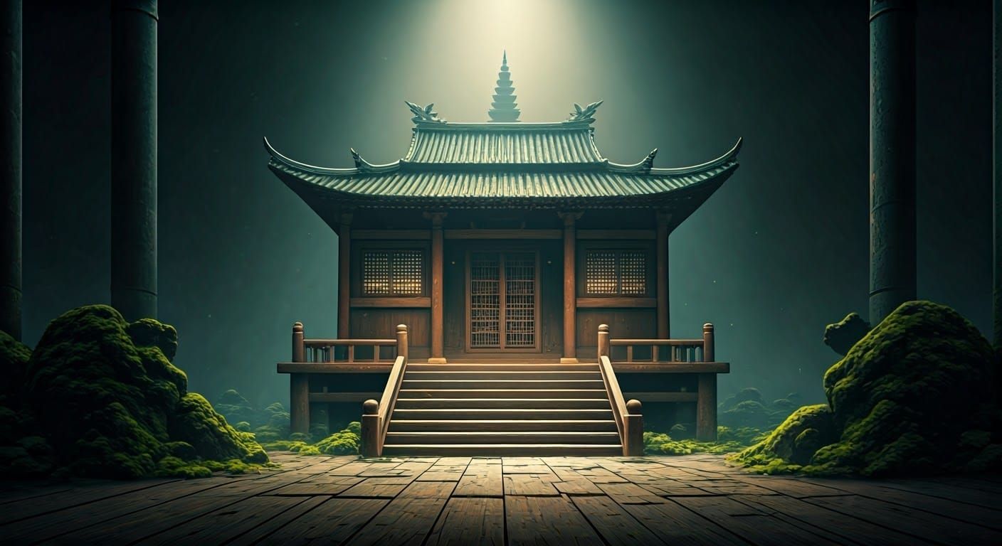Ethereal Zen Temple in Dramatic, High-Contrast Landscape