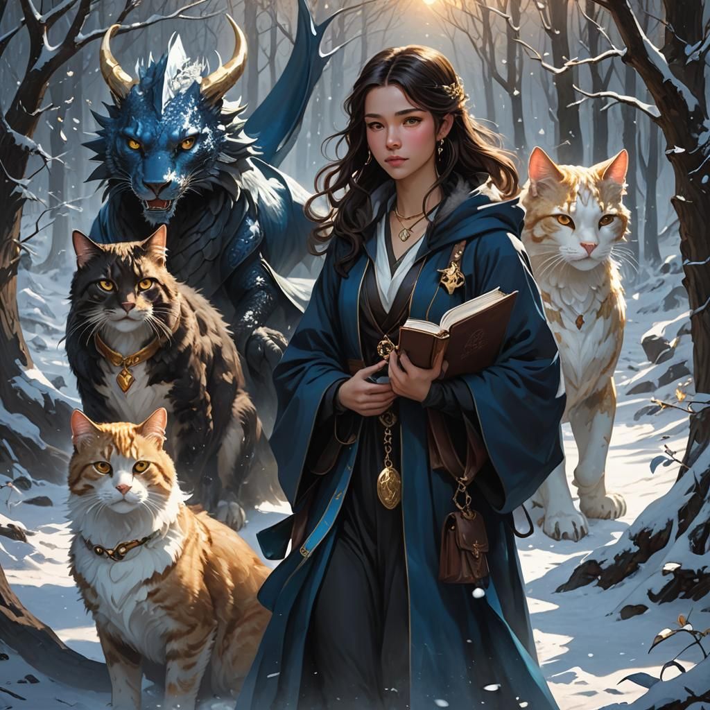 Girl with Dragon in Snowy Forest: Dark Fantasy Art