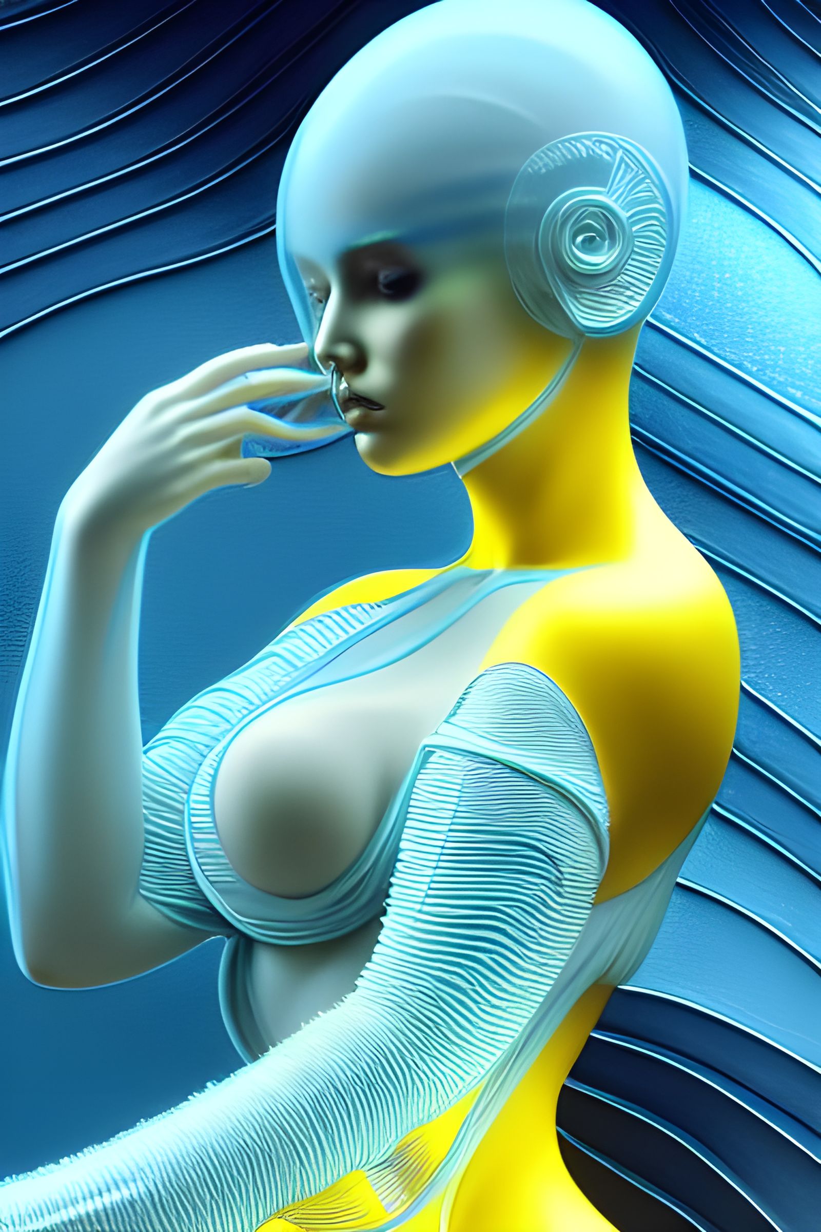 Intricate Light Blue and Yellow Glass Sculpture Interior