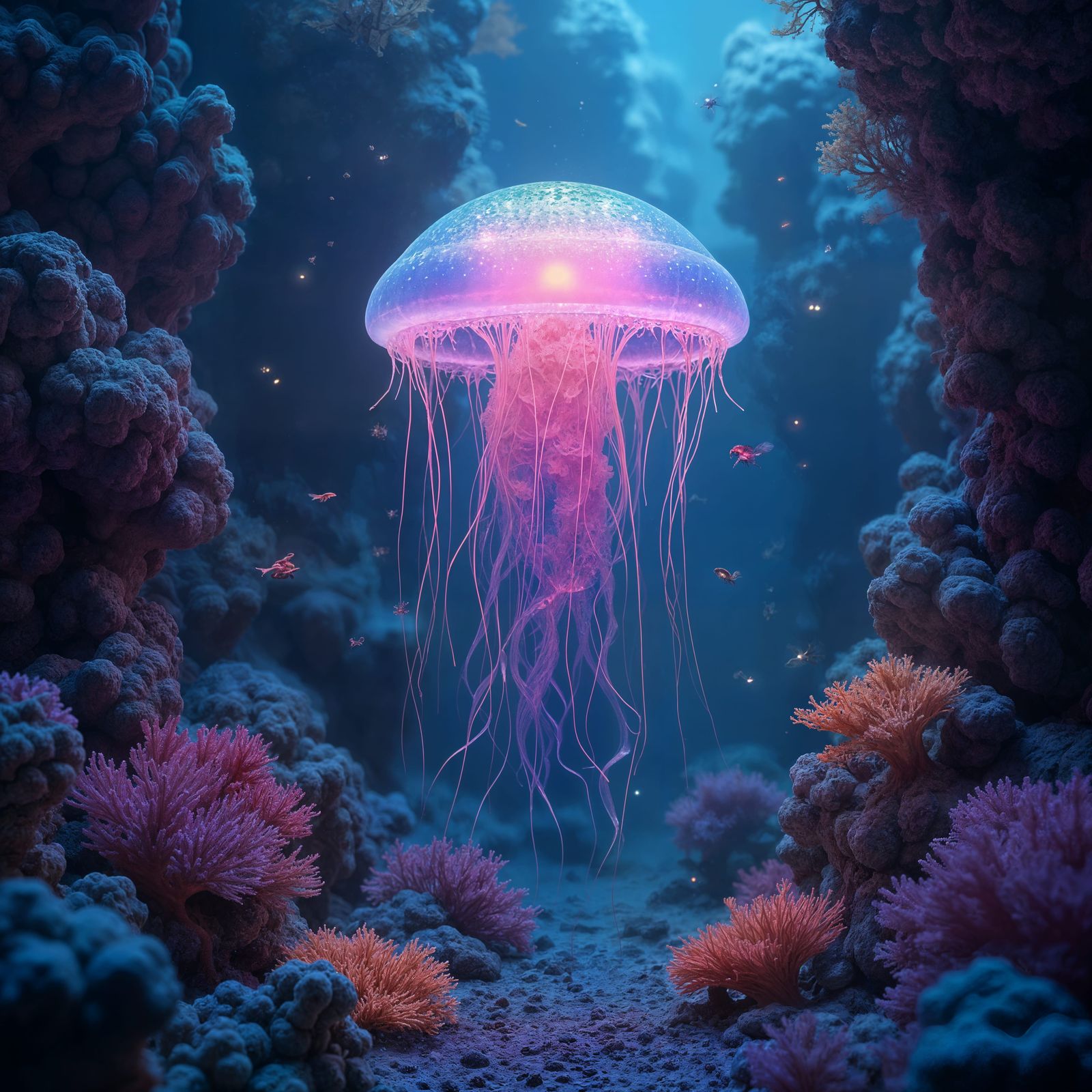 Bioluminescent Jellyfish in Alien Coral Reef, Street Art