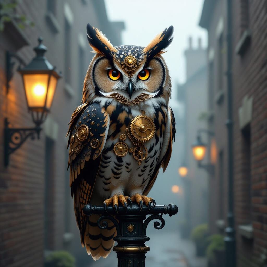 Steampunk Owl on Lamppost in Foggy London