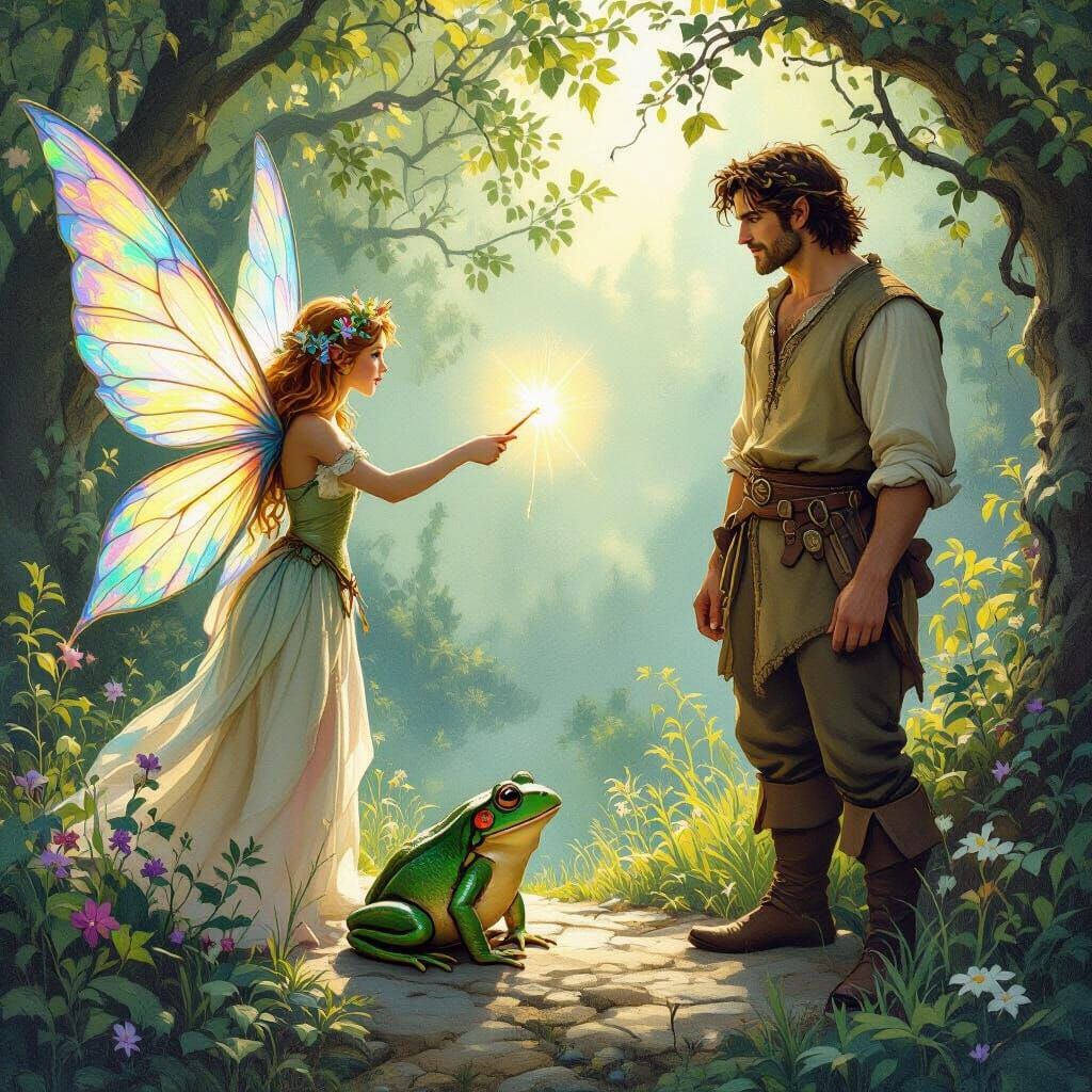 Fantasy Fairy Transforms Frog With Magic Wand in Forest