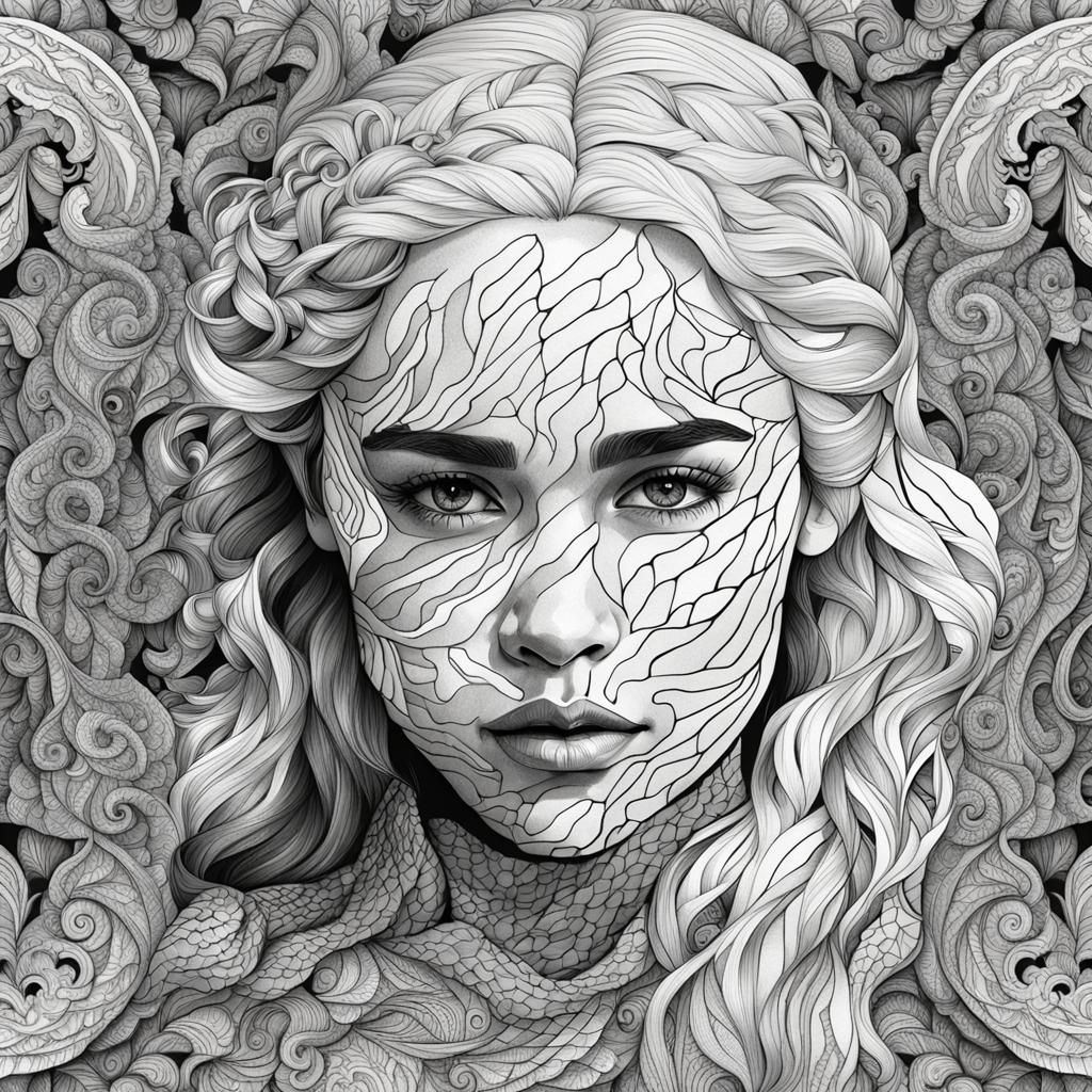 Monochrome Zentangle Portrait with Abstract Fractal Patterns
