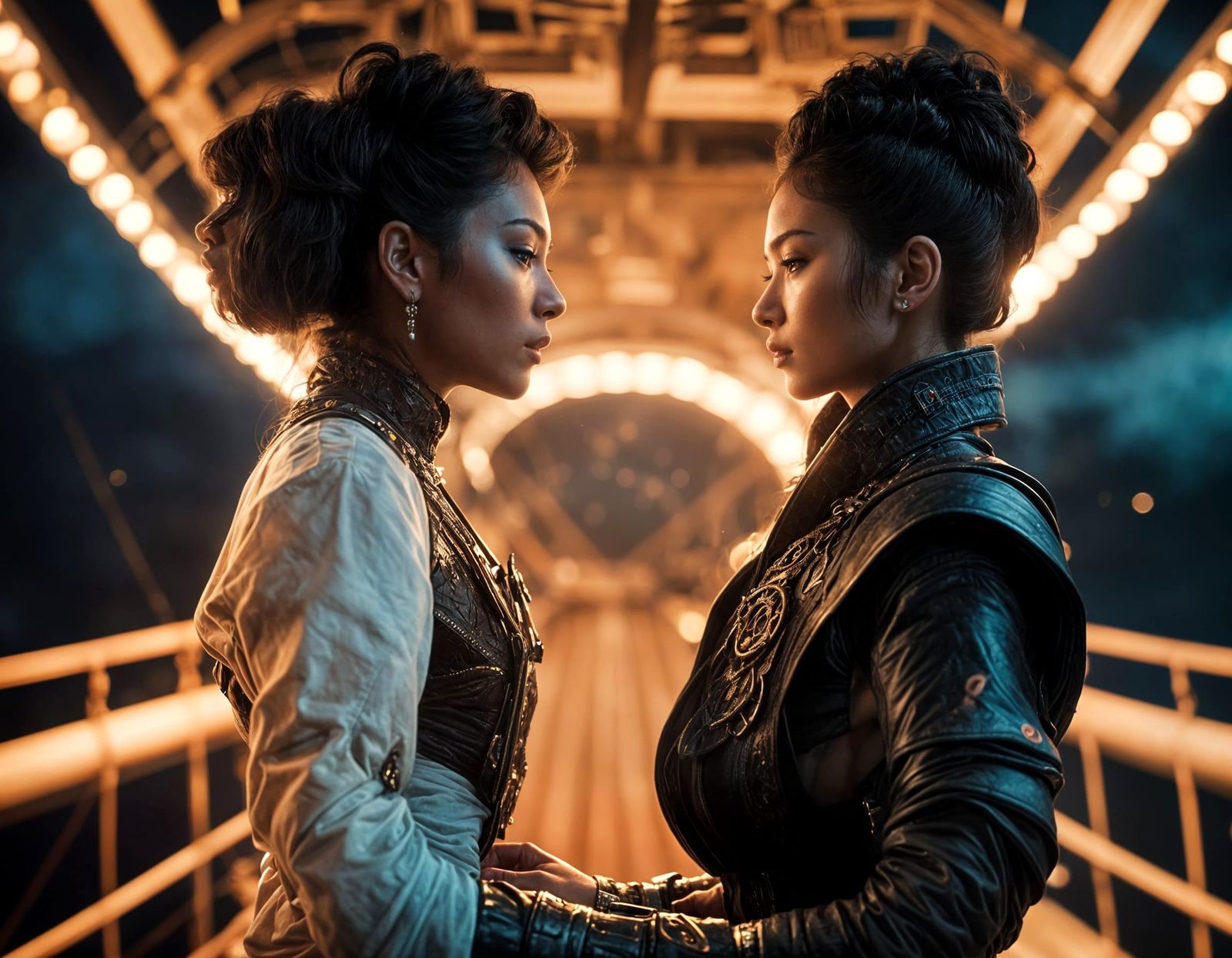 Ebony and Korean Space Pirates Embrace: Cinematic Film Still
