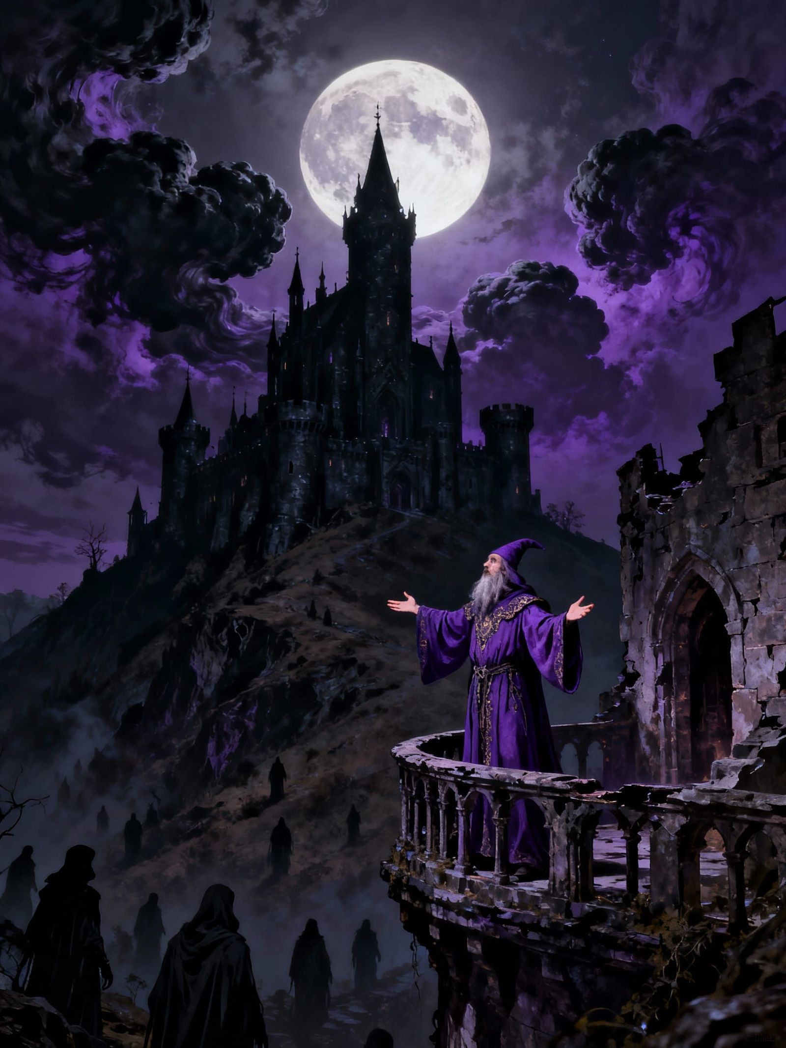 Dark Castle Under Stormy Skies with Wizard