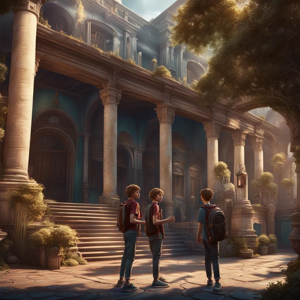 Teens in School Courtyard: Fantasy Concept Art