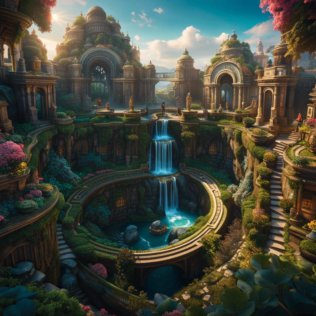 Surreal Maze Garden with Portals and Waterfalls